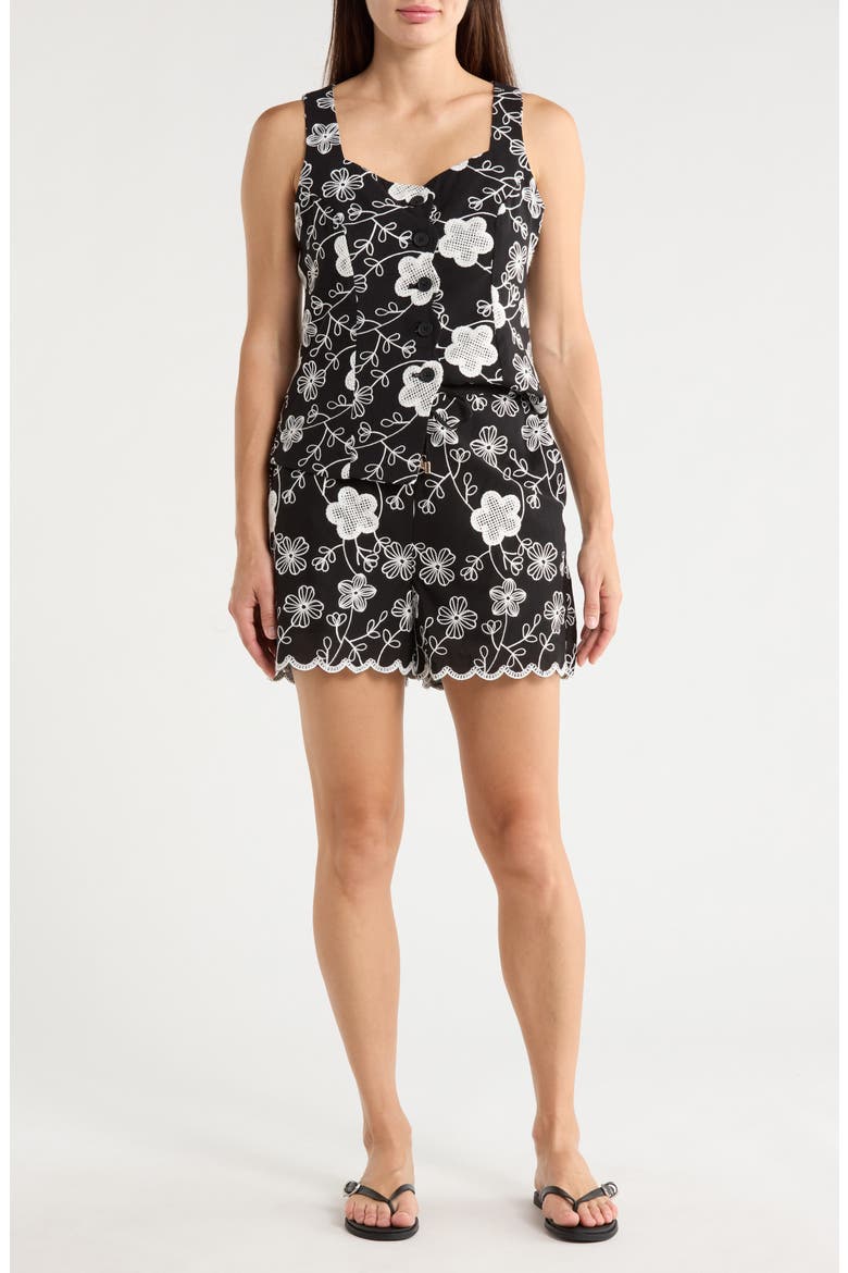 Floral Embroidery Shorts, Main, color, BLACK MARSHMALLOW LEAF
