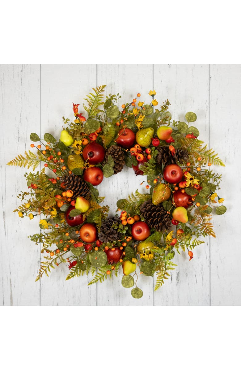 Northlight Apples, Pears and Ferns Artificial Fall Harvest Wreath - 26", Alternate, color, Green
