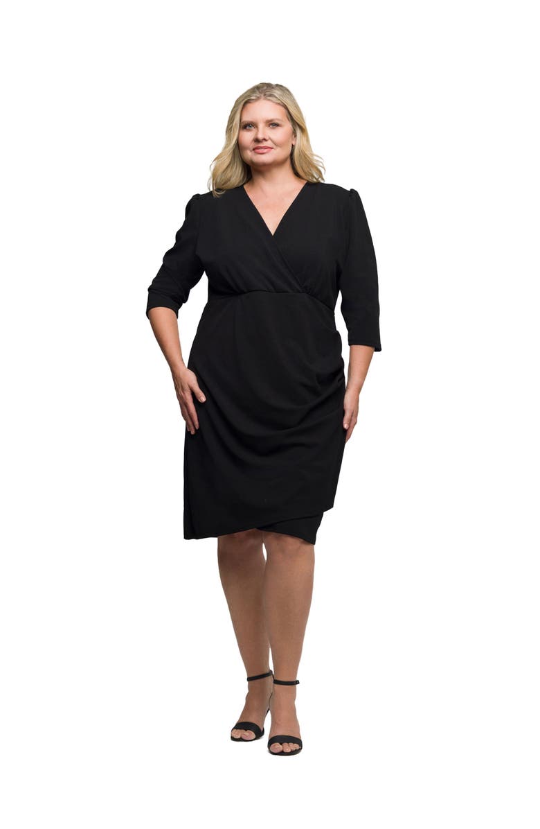 24seven Comfort Apparel Plus Size  Solid Color V Neck Faux Wrap Dress, Main, color, Black