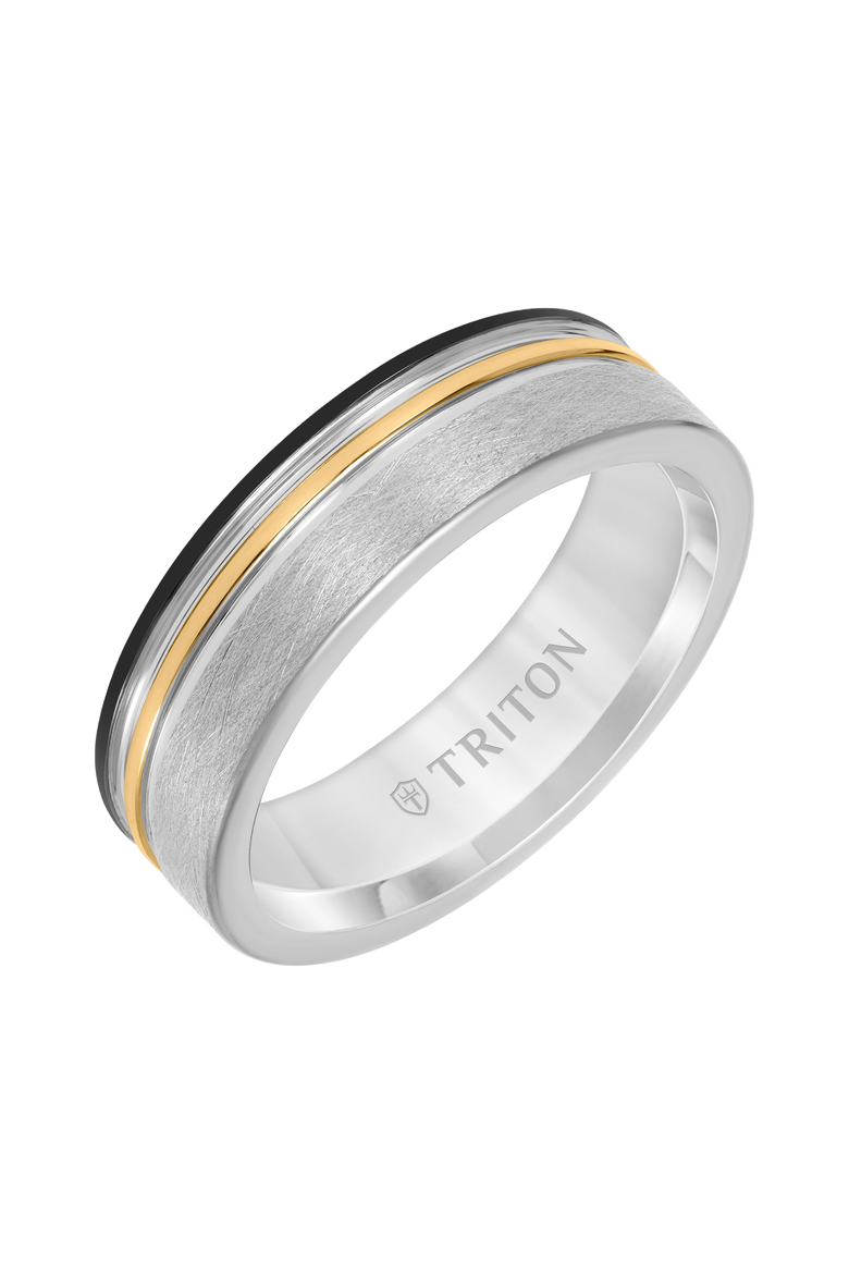 7MM Tungsten Carbide Ring with Black, Yellow and Grey Tungsten Center Groove with Crystaline Finish, Main, color, Metallic Silver