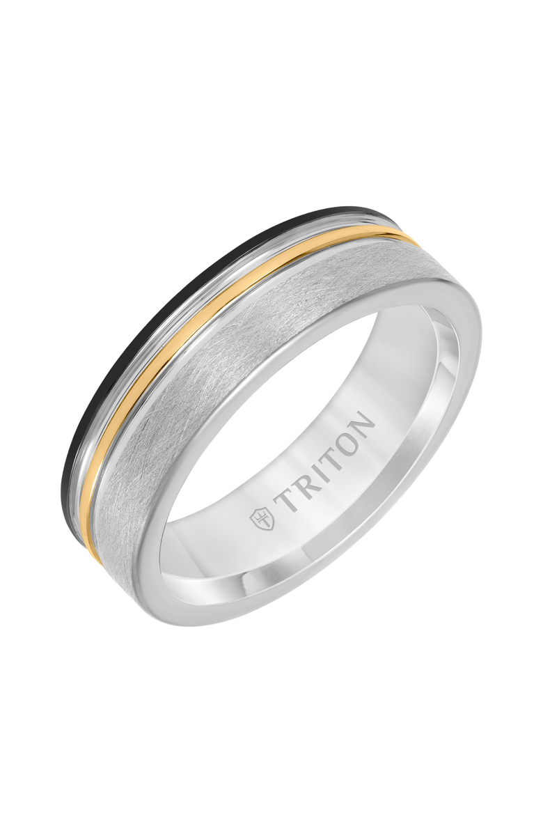 Triton 7MM Tungsten Carbide Ring with Black, Yellow and Grey Tungsten Center Groove with Crystaline Finish, Main, color, 