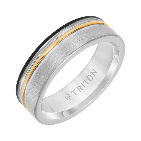 7MM Tungsten Carbide Ring with Black, Yellow and Grey Tungsten Center Groove with Crystaline Finish
