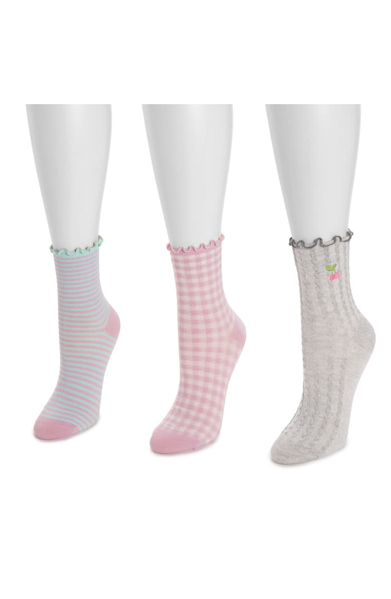 MUK LUKS Women's Embroidered Quarter Crew Socks, 3 Pair Pack, Alternate, color, Grey/Pink