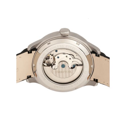Heritor Automatic Men's Black / Silver Gregory Semi-skeleton Leather-band Watch With Moon Phase - Black, Silver In Black