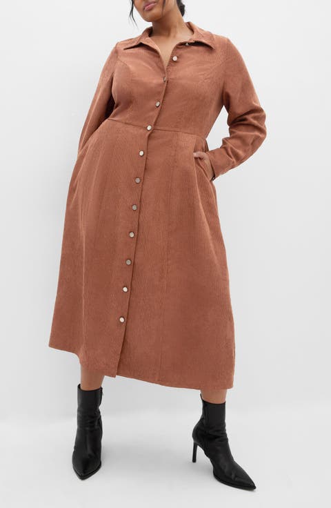 Leah Long Sleeve Corduroy Midi Dress (Plus)