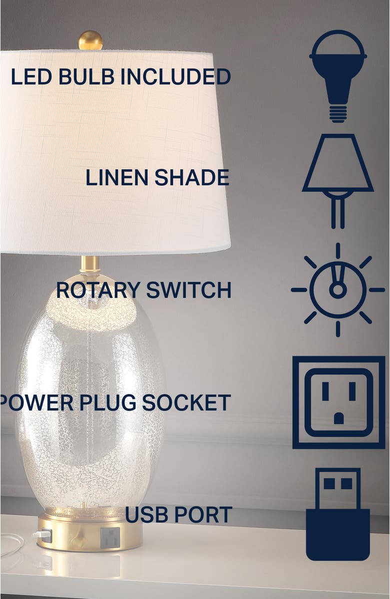JONATHAN Y Reese 26.5" 1-Outlet Contemporary Style Iron/Glass LED Table Lamp with USB Charging Port, Alternate, color, Silver/Brass Gold