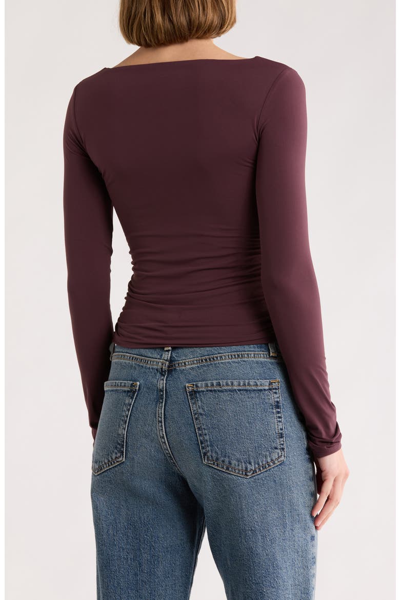 Boat Neck Long Sleeve Ruched Top, Alternate, color, BURGUNDY FUDGE