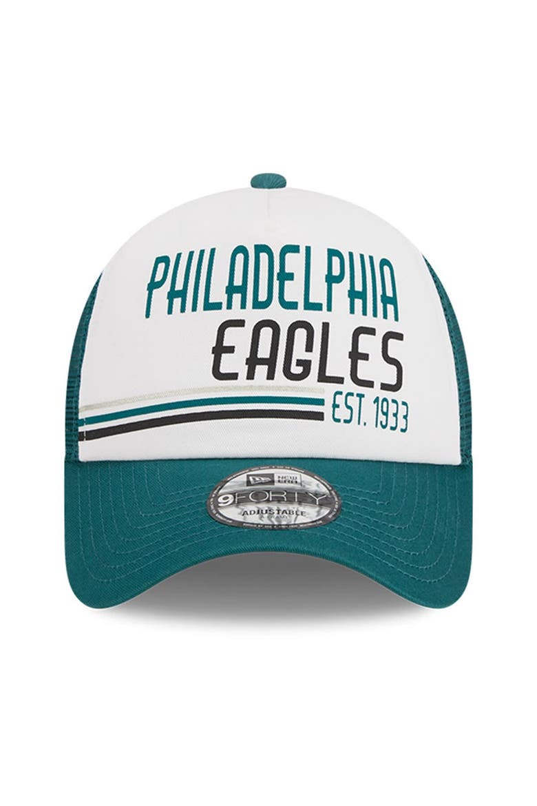 Men's New Era White/Midnight Green Philadelphia Eagles Stacked A-Frame Trucker 9FORTY Adjustable Hat, Alternate, color, White