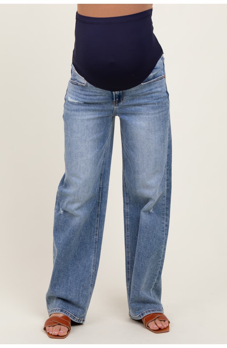 PinkBlush Distressed Vintage Wash Wide Leg Maternity Jeans, Alternate, color, Blue