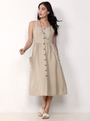 Single Stitch Button Front Midi Dress