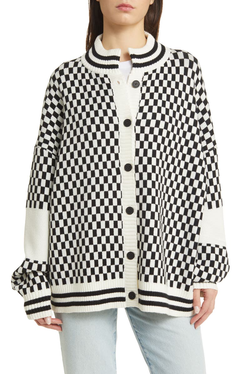 Dressed in Lala Get What I Want Grandpa Check Cardigan, Alternate, color, Black And White Check