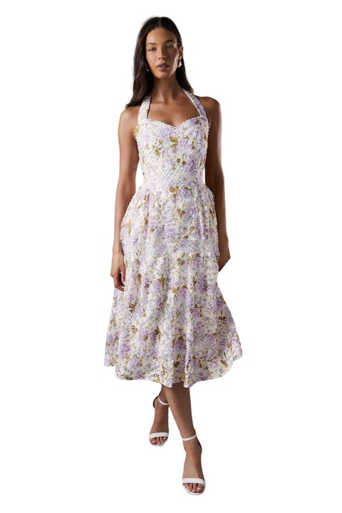Printed Lace Halter Neck Midi Dress