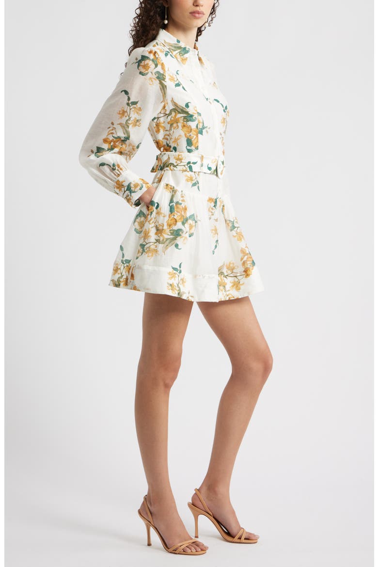 Lace Trim Belted Long Sleeve Mini Shirtdress, Alternate, color, IVORY- BROWN JESSICA FLORAL