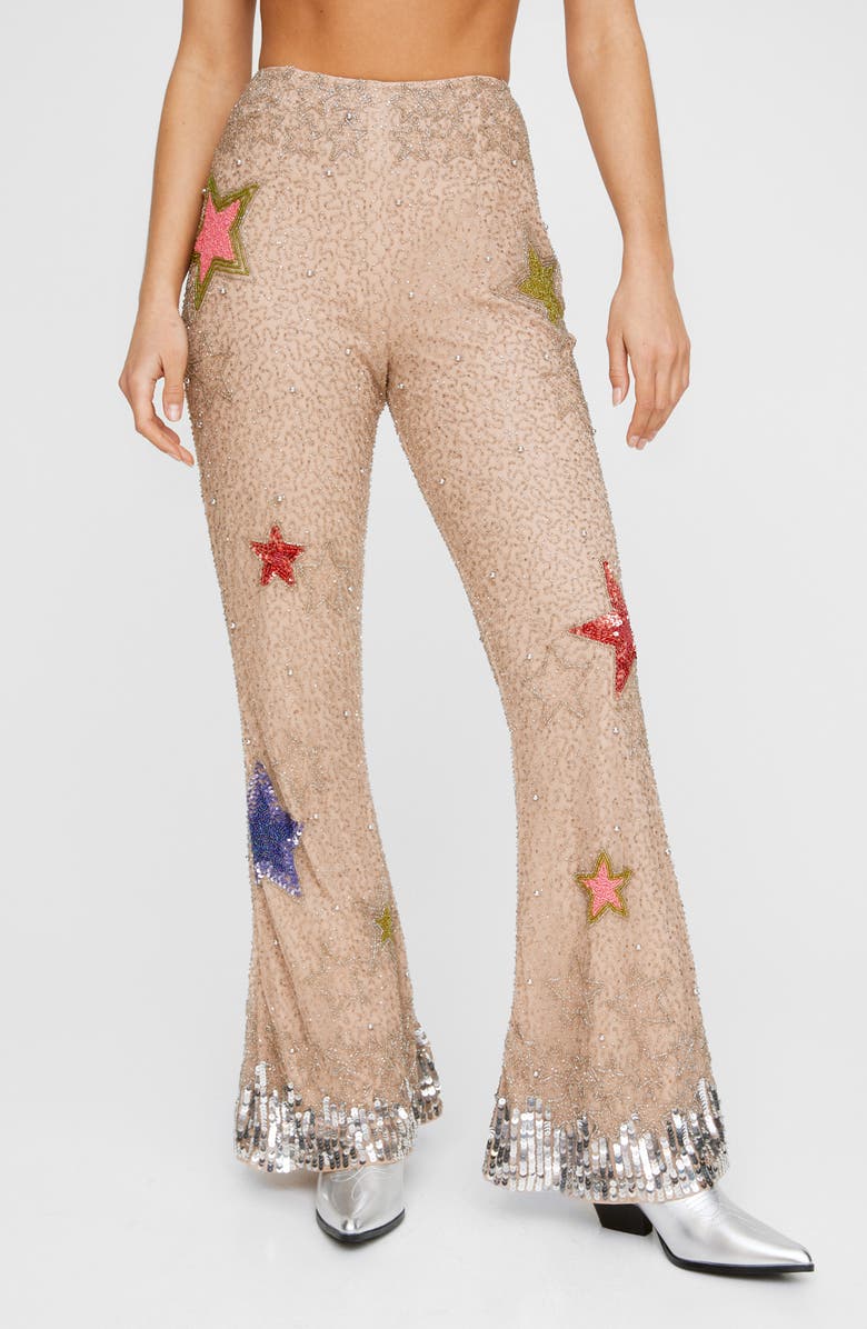 NASTY GAL Star Bead Embellished Flare Pants, Main, color, 