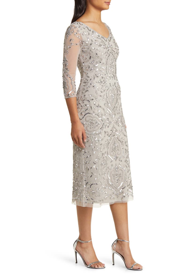 Sequin & Beaded Cocktail Sheath Dress, Alternate, color, SILVER