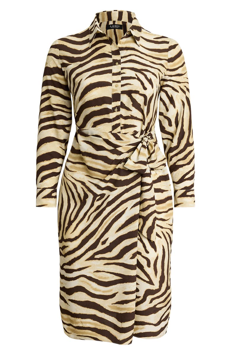 Lauren Ralph Lauren Zebra Print Tie Waist Long Sleeve Crepe Shirtdress, Alternate, color, Cream/ Brown