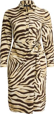 Lauren Ralph Lauren Zebra Print Tie Waist Long Sleeve Crepe Shirtdress