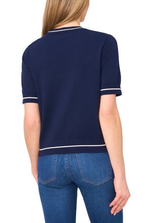 Cece Tipped Short Sleeve Cotton Sweater In Blue