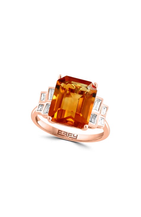 14K Rose Gold Emerald Cut Citrine & Diamond Ring - 0.23ct.