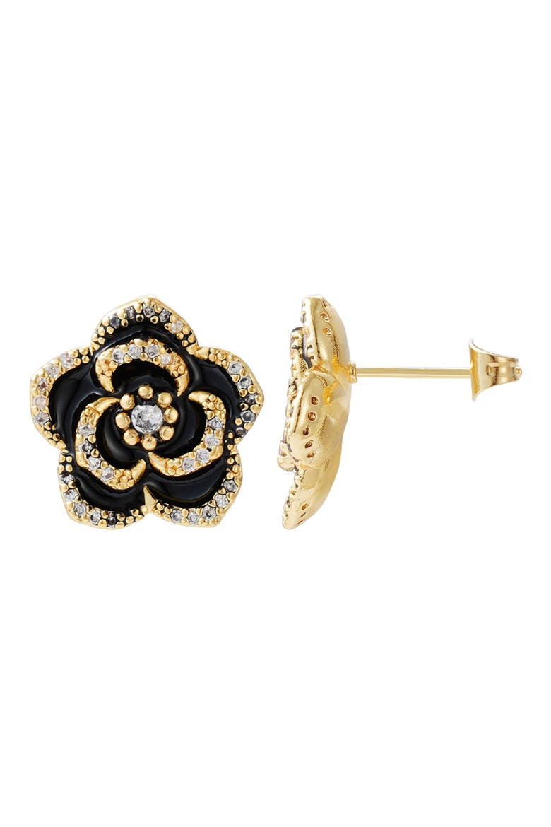 Cubic Zirconia Black Enamel Floral Stud Earrings, Alternate, color, BLACK