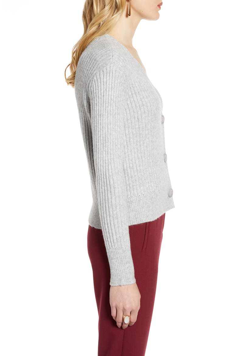 Ribbed V-Neck Cardigan, Alternate, color, GREY LIGHT HEATHER