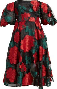 Marchesa Notte Floral Puff Sleeve Off the Shoulder Dress