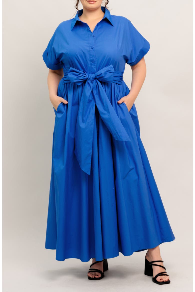 Solid Short Sleeve Cotton Maxi Shirtdress, Main, color, BLUE