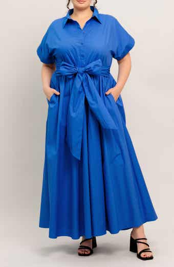 FLYING TOMATO Solid Short Sleeve Cotton Maxi Shirtdress