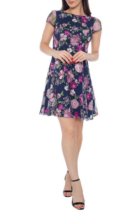 Floral Embroidered Cap Sleeve Fit & Flare Dress