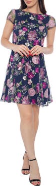 Marina Floral Embroidered Cap Sleeve Fit & Flare Dress