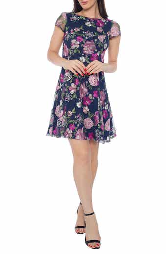 Marina Floral Embroidered Cap Sleeve Fit & Flare Dress