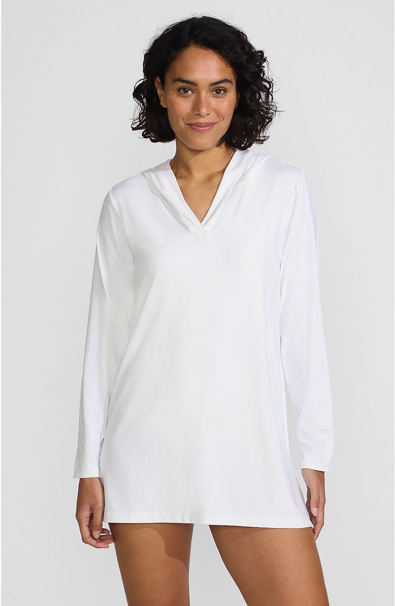 Lands
 End Cotton Jersey Long Sleeve Hooded Swim Cover-up Dress, Main, color, White