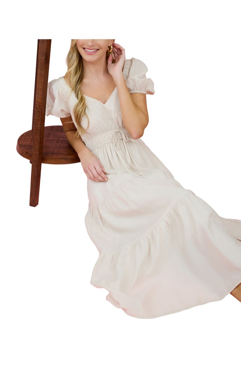 AUGUST SKY Puff Sleeve Tiered Maxi Dress, Alternate, color, Khaki