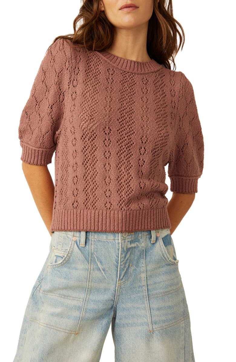 Free People Eloise Open Stitch Puff Shoulder Sweater, Main, color, Antique Oak Combo
