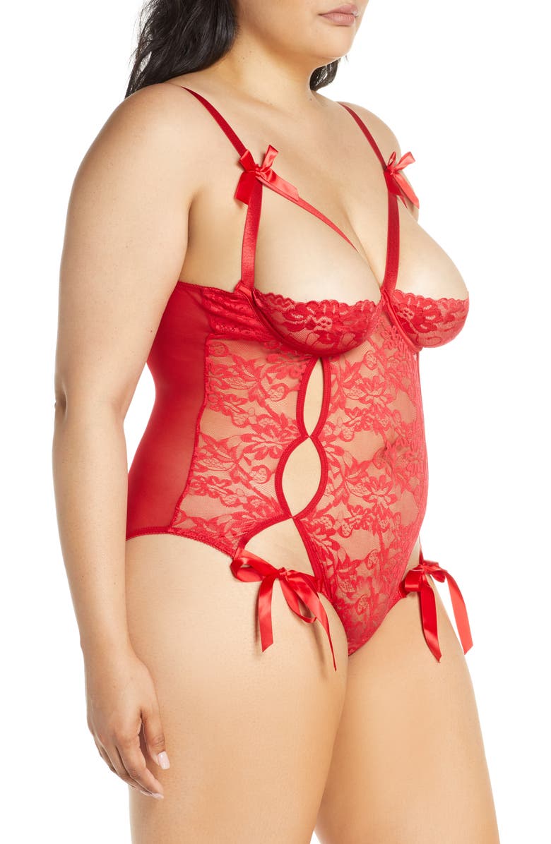 Oh La La Cheri Zara Underwire Open Cup Open Gusset Lace Teddy, Alternate, color, Red
