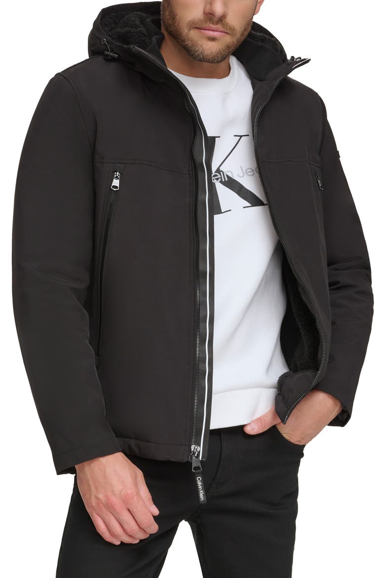Faux Shearling Lined Windbreaker Jacket, Main, color, BLACK