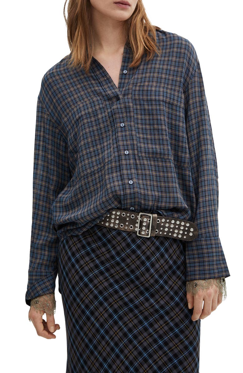 MANGO Camisa Maria Plaid Lace Cuff Shirt, Main, color, 