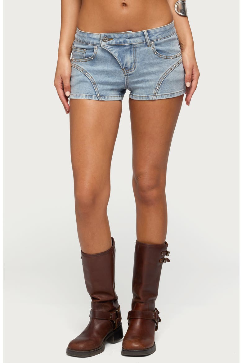 Studded Western Low Rise Denim Shorts, Main, color, BLUE