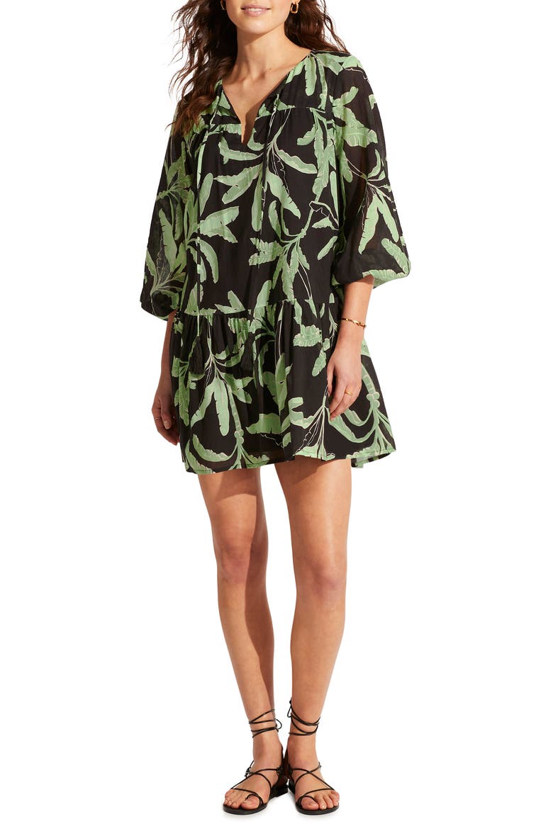 Palm Paradise Three-Quarter Sleeve Cotton Cover-Up Dress, Main, color, BLACK