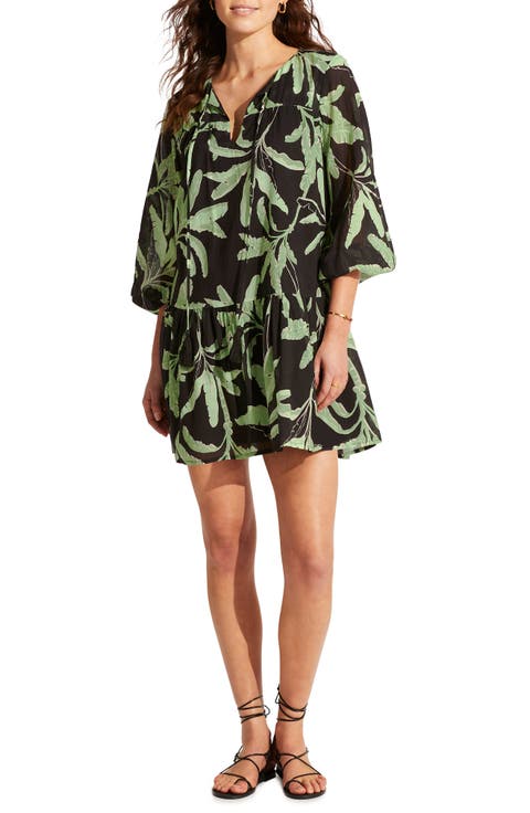 Palm Paradise Three-Quarter Sleeve Cotton Cover-Up Dress