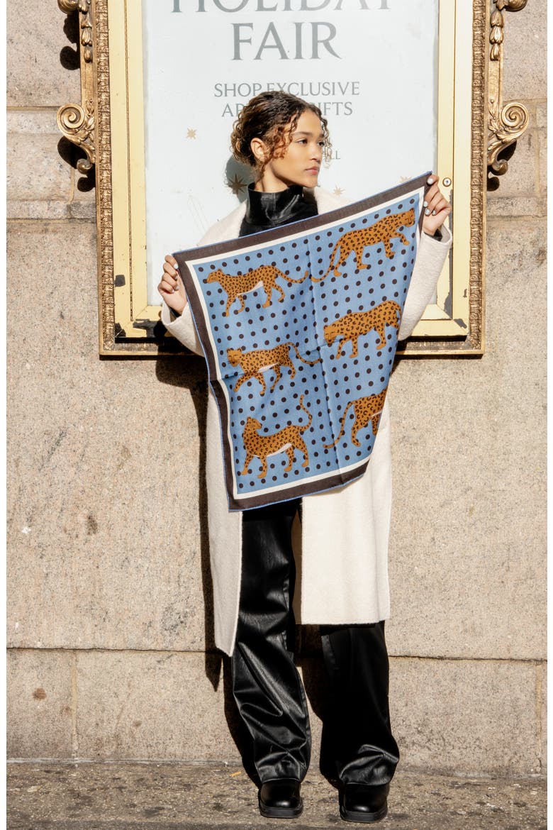 Double Sided Wool Silk Scarf Of Blue Leopards Garden, Alternate, color, Blue