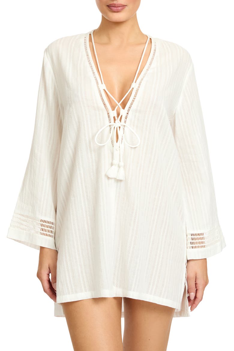 Marina Lace-Up Cover-Up Tunic, Main, color, WHITE
