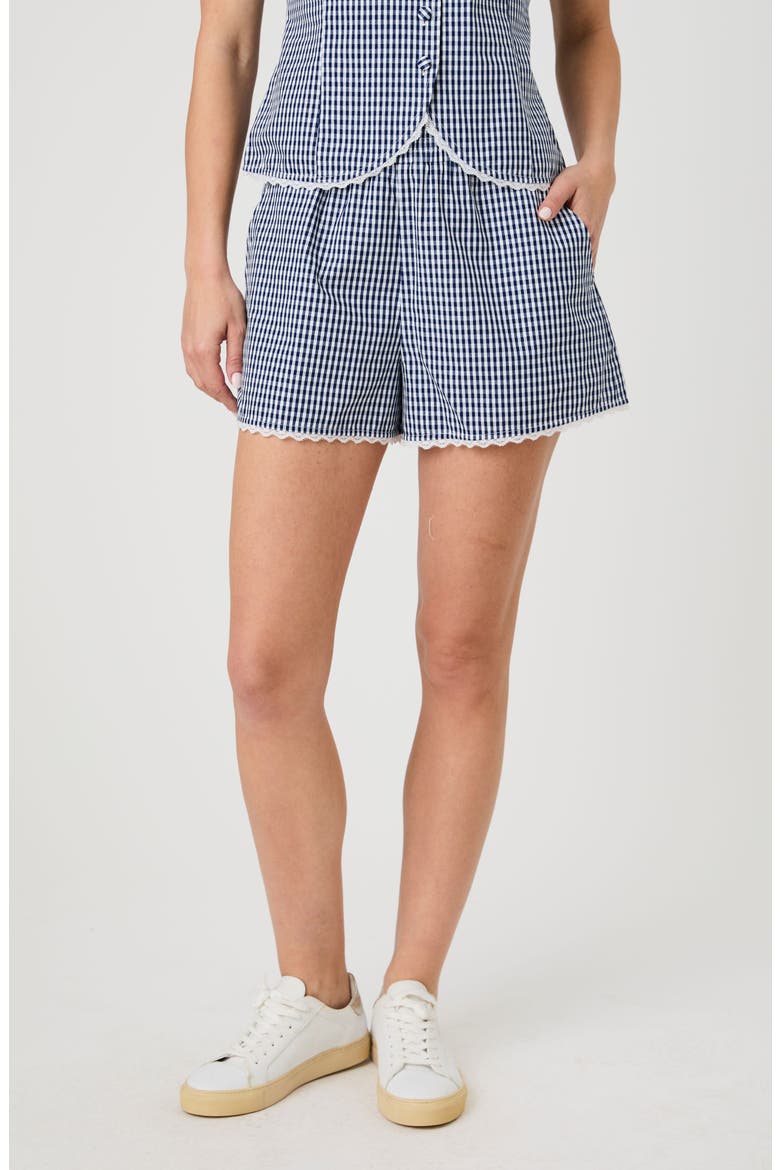 Gingham Lace Trim Shorts, Main, color, NAVY/ WHITE GINGHAM