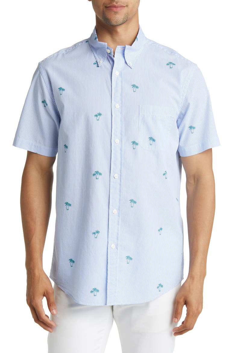 Palm Seersucker Short Sleeve Button-Down Shirt, Main, color, BLUE STRIPE PALM