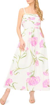 Halogen® Floral Pleated Bodice Tie Back Midi Dress