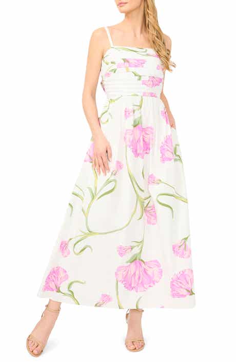 Floral Pleated Bodice Tie Back Midi Dress