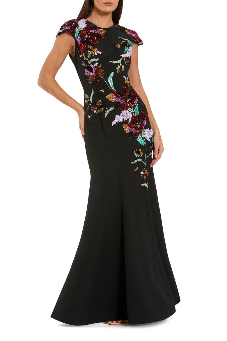 Women's Crepe Mermaid Gown With Floral Embroidery, Main, color, Black Multi