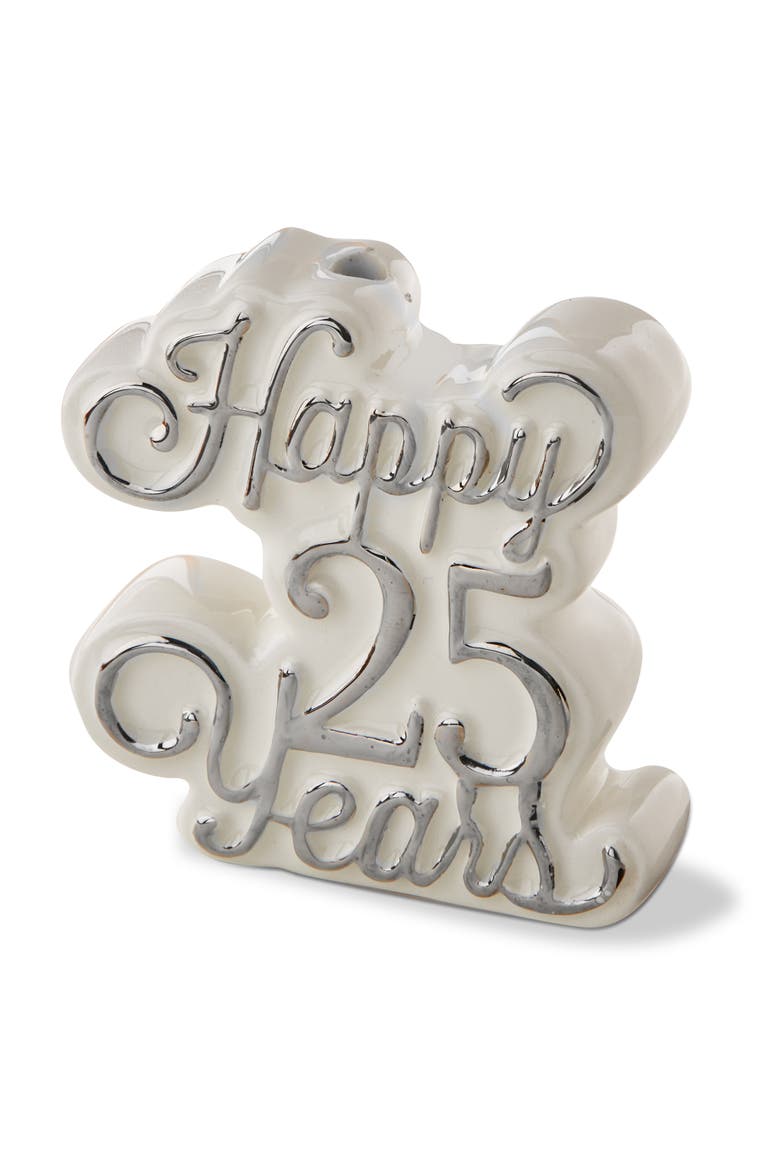 Happy 25 Years Cake Topper Candleholder Silver Earthenware Everyday, Main, color, Silver
