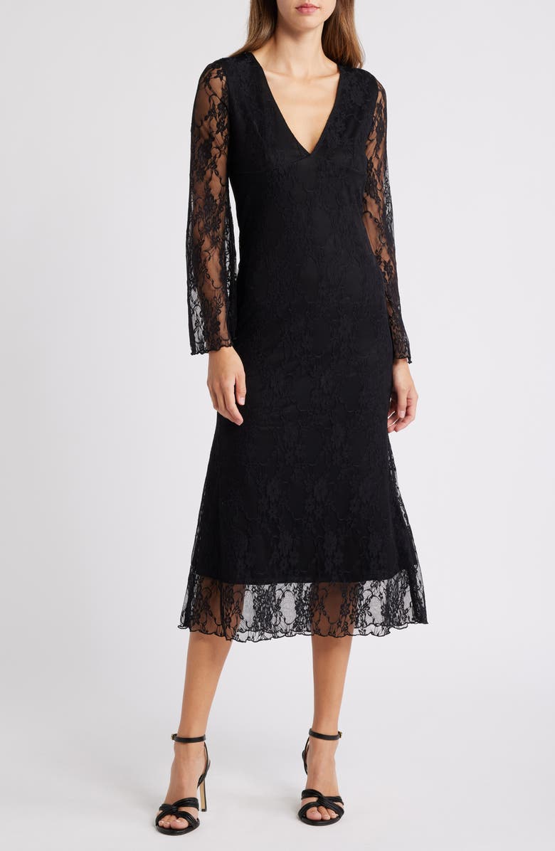 Loveappella Bell Lace Overlay Long Sleeve Midi Dress, Main, color, Black