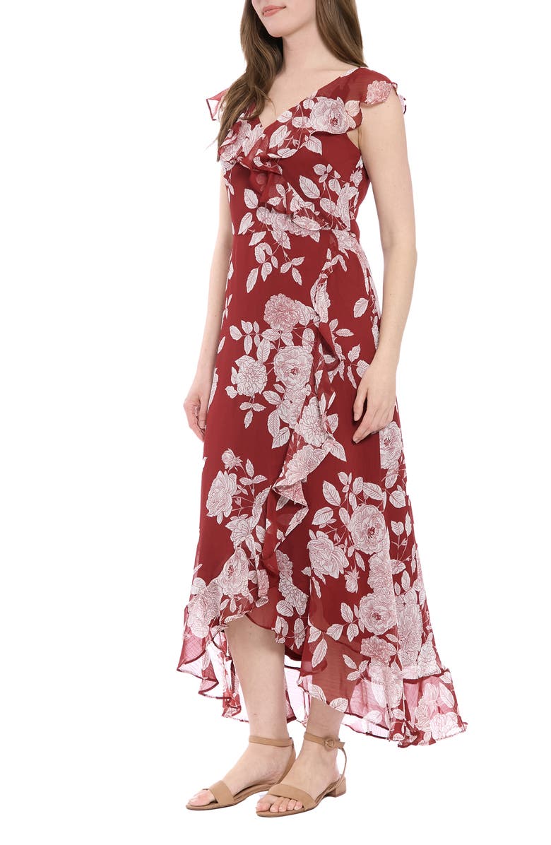 London Times Ruffle Wrap Maxi Dress, Alternate, color, Wine White